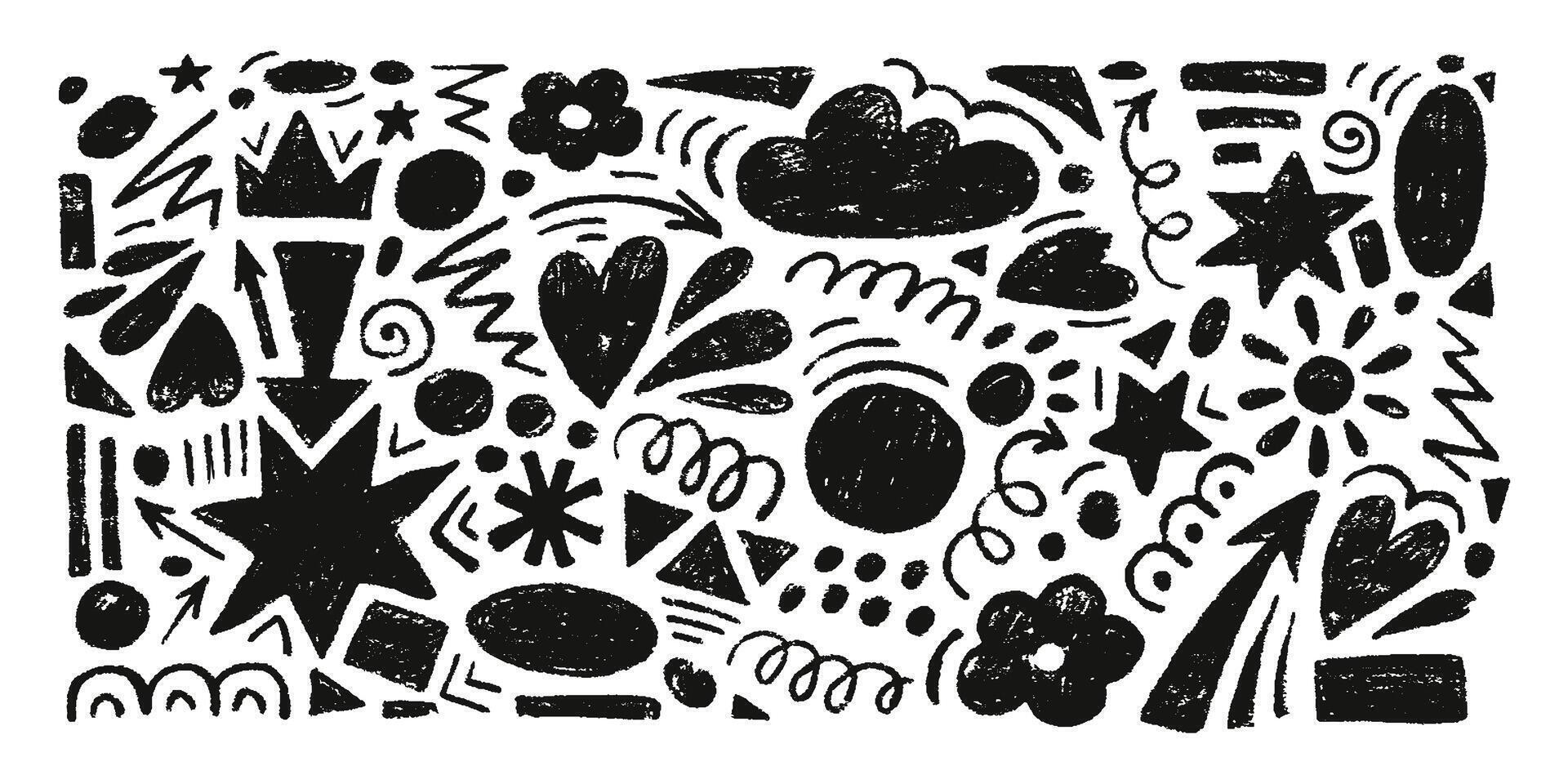 Hand drawn set of charcoal abstract shapes. collection of contemporary texture figure in doodle style. Design elements perfect for banner, print, stickers, decor vector