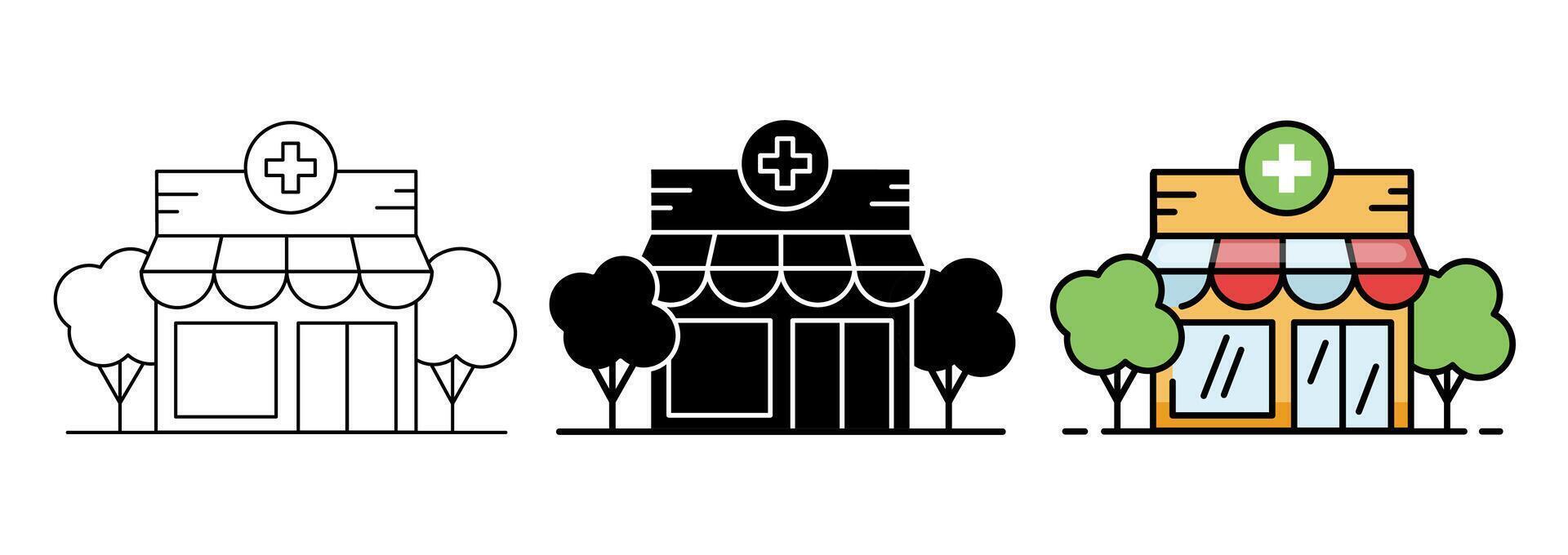 Minimalist Building Icon Set, Pharmacy Exterior Icons in Color, Line, and Silhouette vector