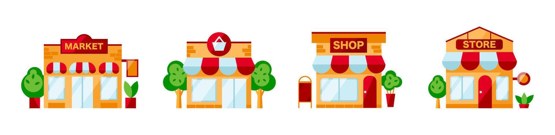 Flat Style Icons of Small Retail Buildings, Market, Shop Exteriors with Trees vector
