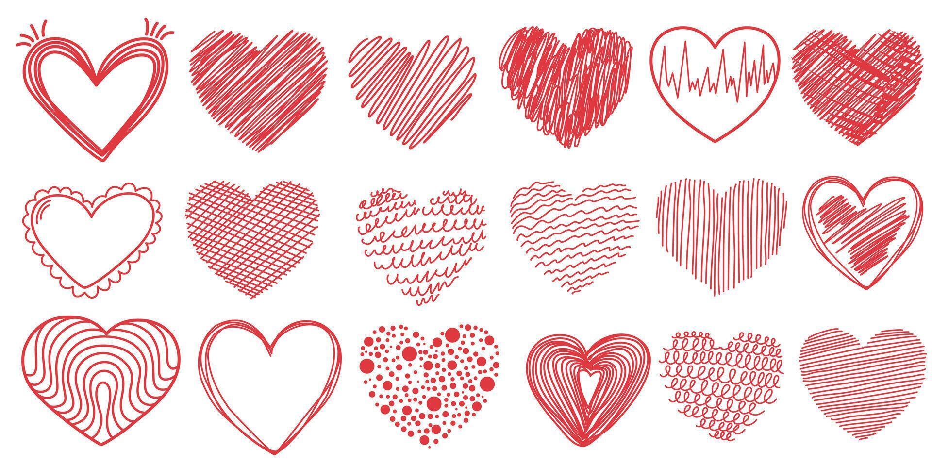 Red heart set. Collection of heart icon hand drawn for love logo, heart symbol, doodle icon, greeting card and Valentine's day. Painted grunge shape vector