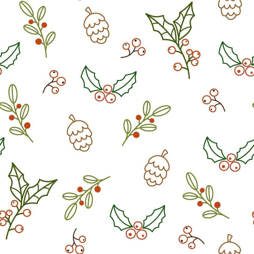 Christmas floral pattern. Seamless nature background, tree branches, leaf, plants, twigs, berries. Winter holiday repeating print for wrapping, fabric, decoration. Hand draw flat illustration vector
