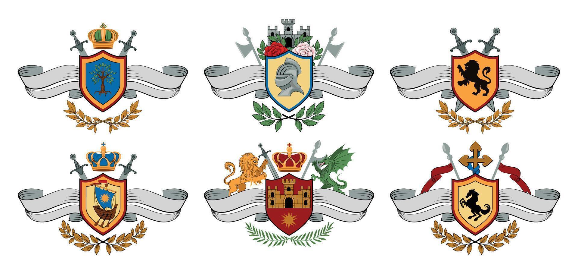 Collection of Heraldic Emblems with Shields and Crowns vector