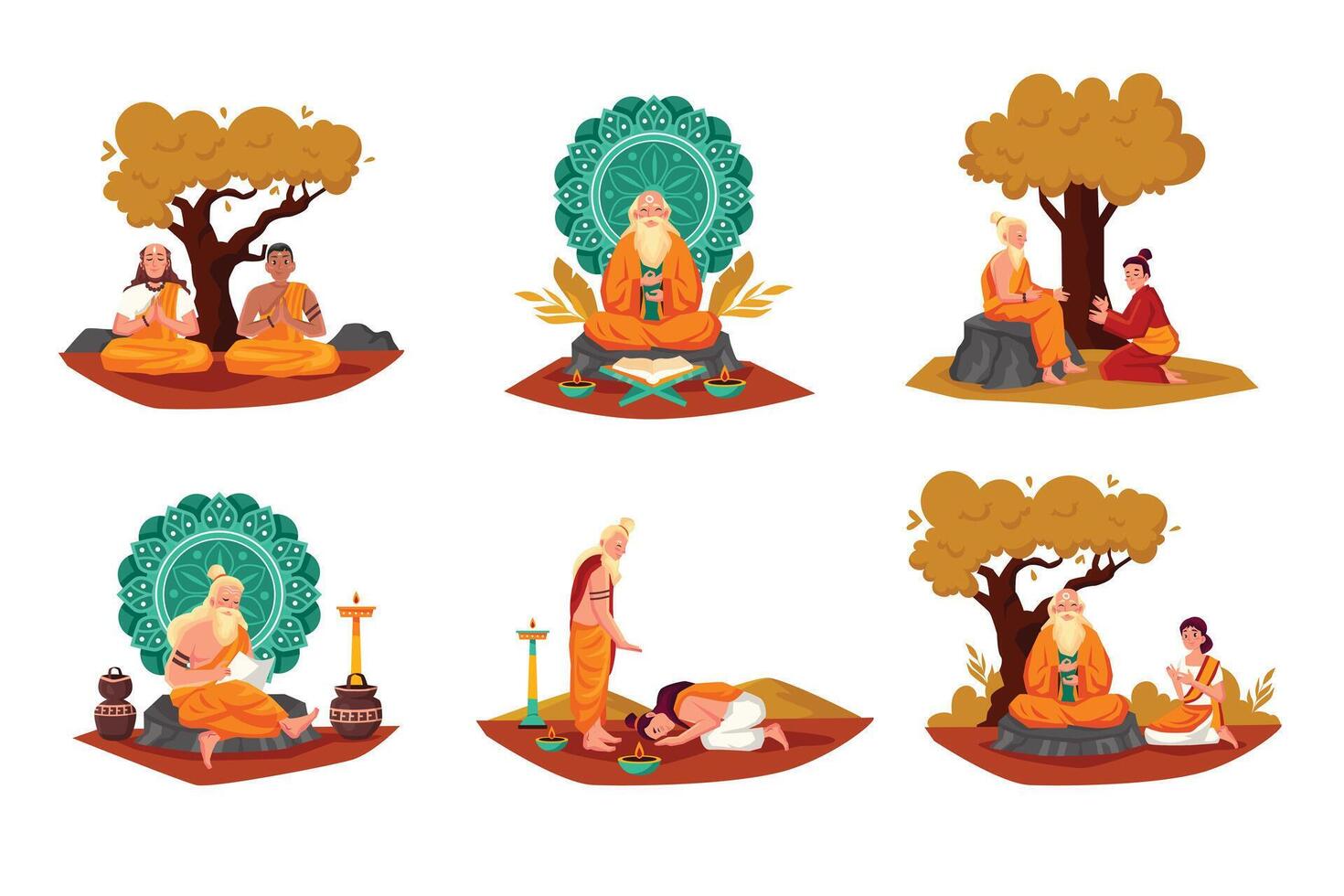 Spiritual Teachers and Students in Illustrative Scenes vector