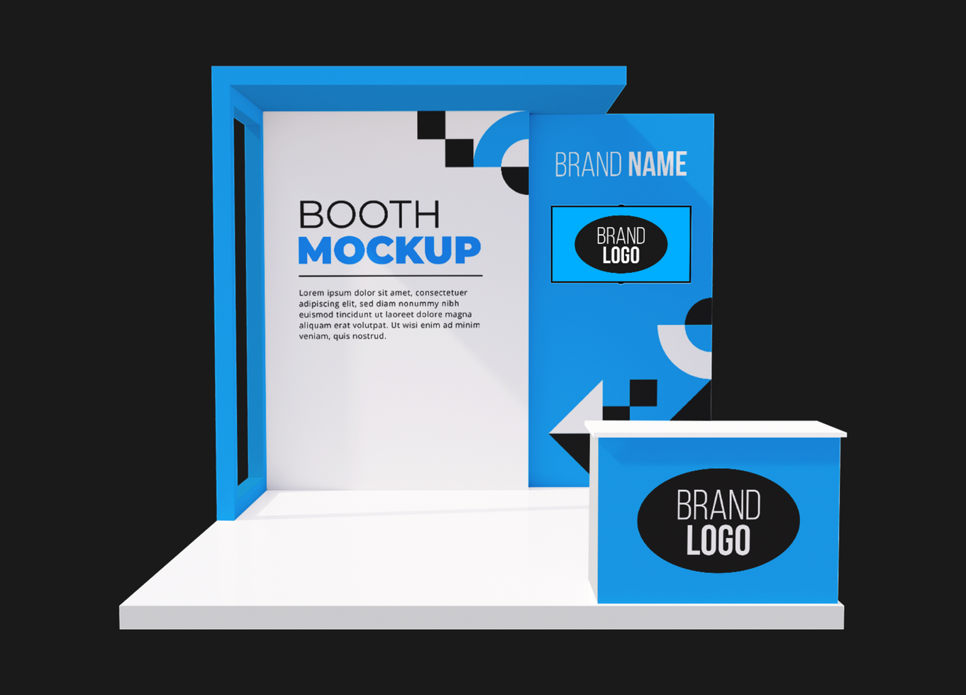 3D Booth Stand Event Exhibition Blue Front View Mockup Template psd