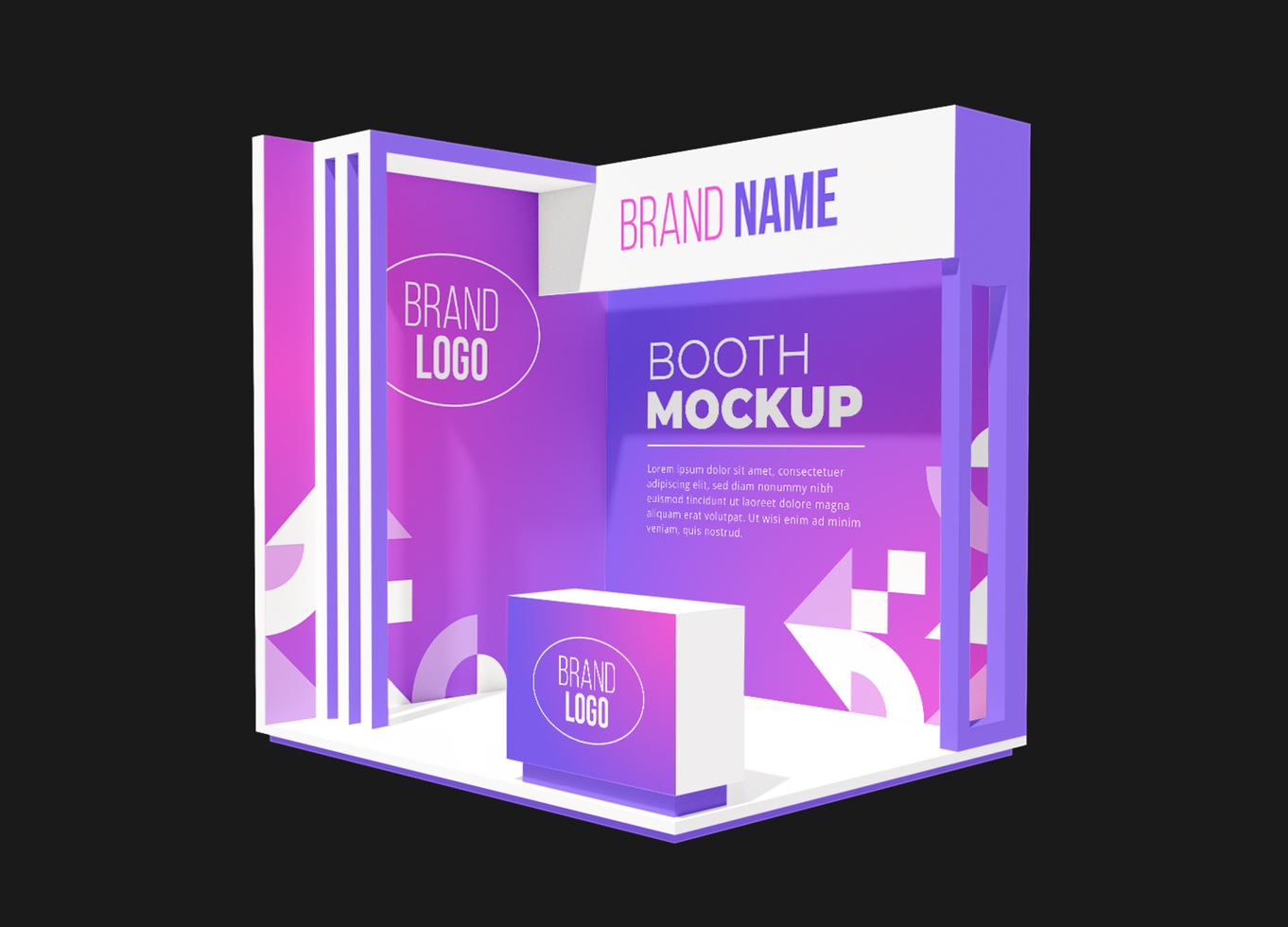 3D Booth Stand Event Exhibition Purple Gradient Right View Mockup Template psd