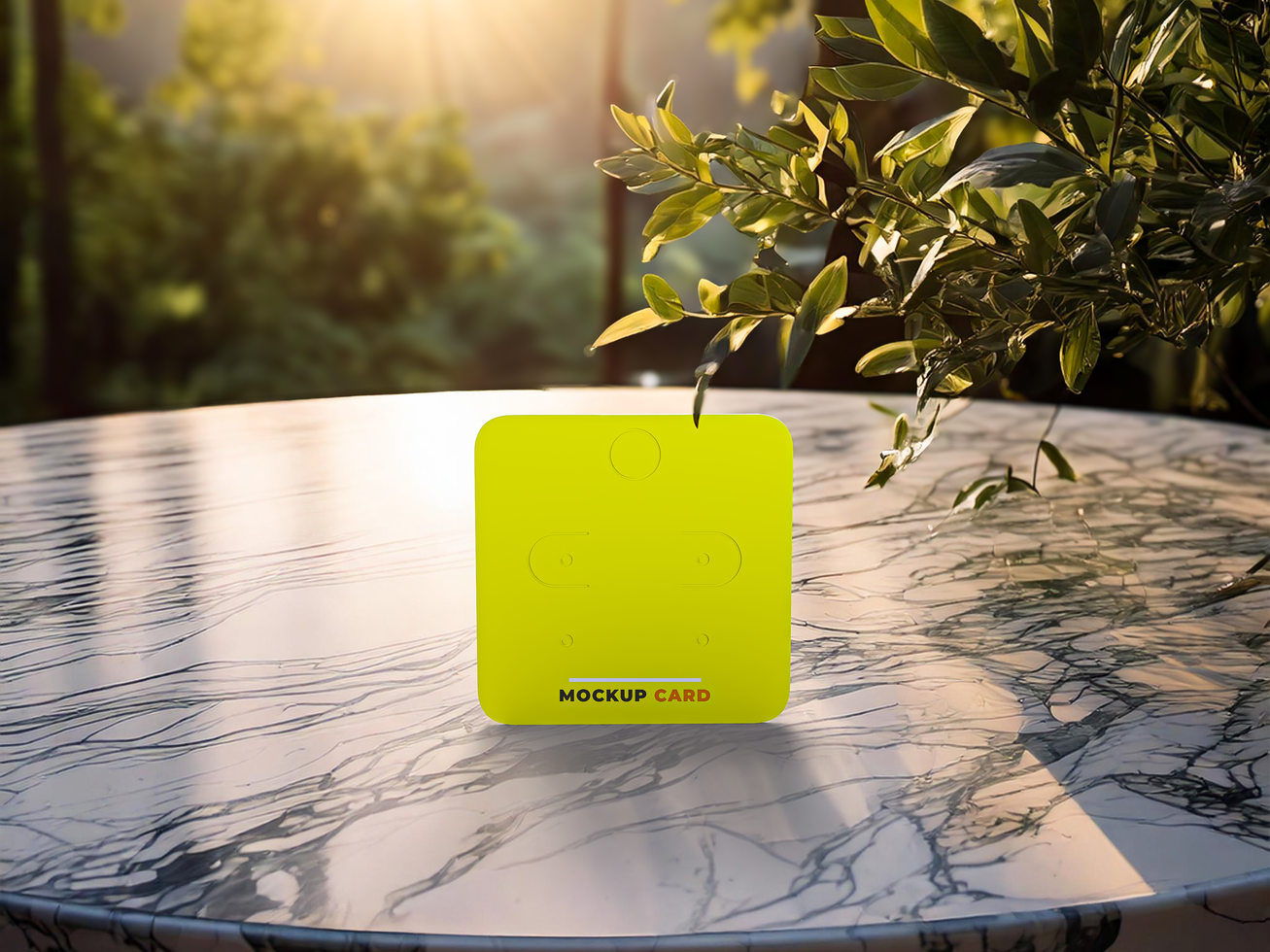 Mockup of earring card on table with natural landscape in the background psd