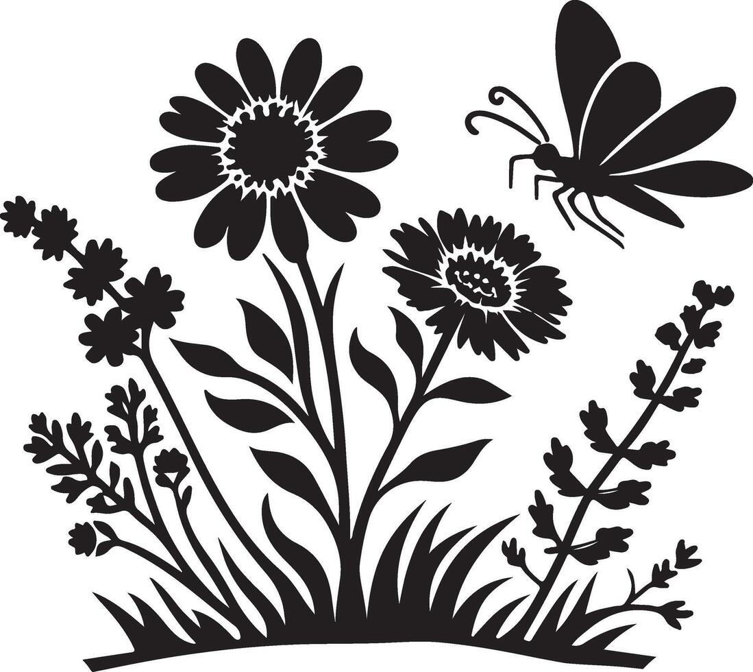 Wild flower silhouette with butterfly. vector