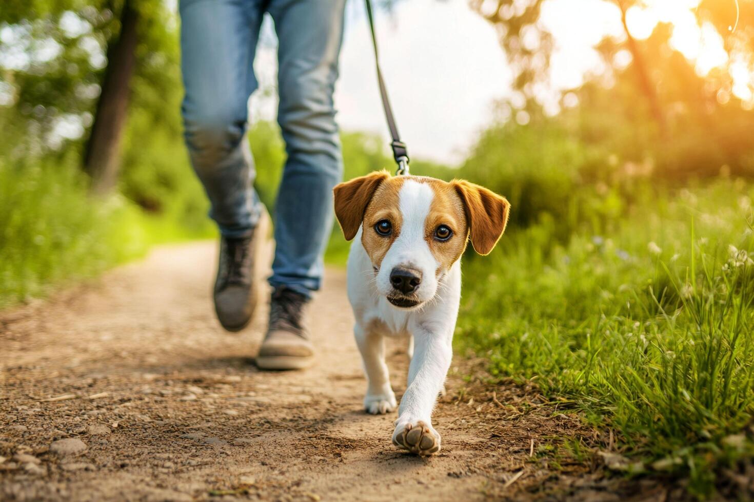 A person walking a dog on a trail photo