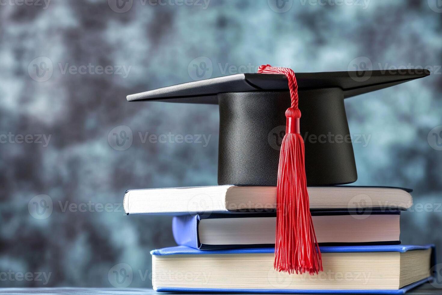 A graduation cap sits on top of a stack of books photo