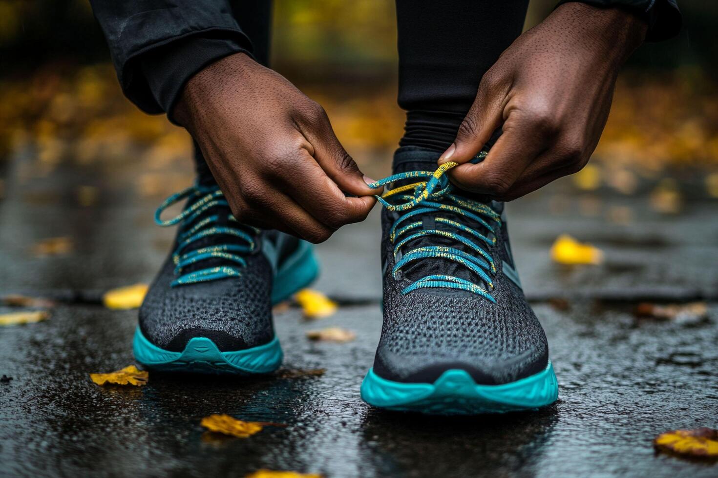 A person tying their shoes on a rainy day photo