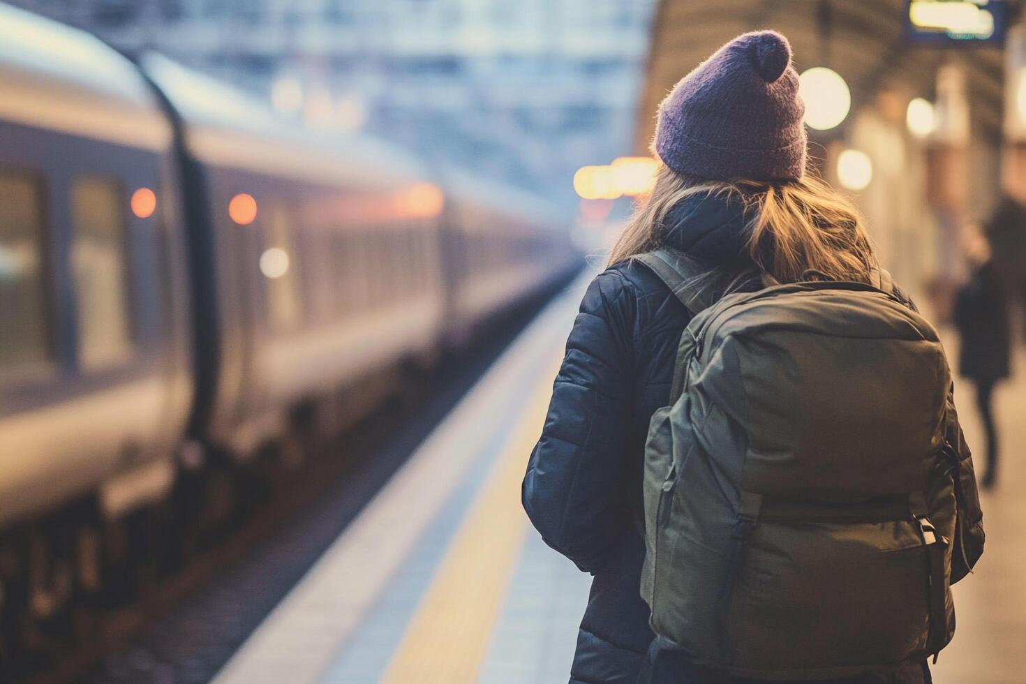 A woman with a backpack standing at the train station photo