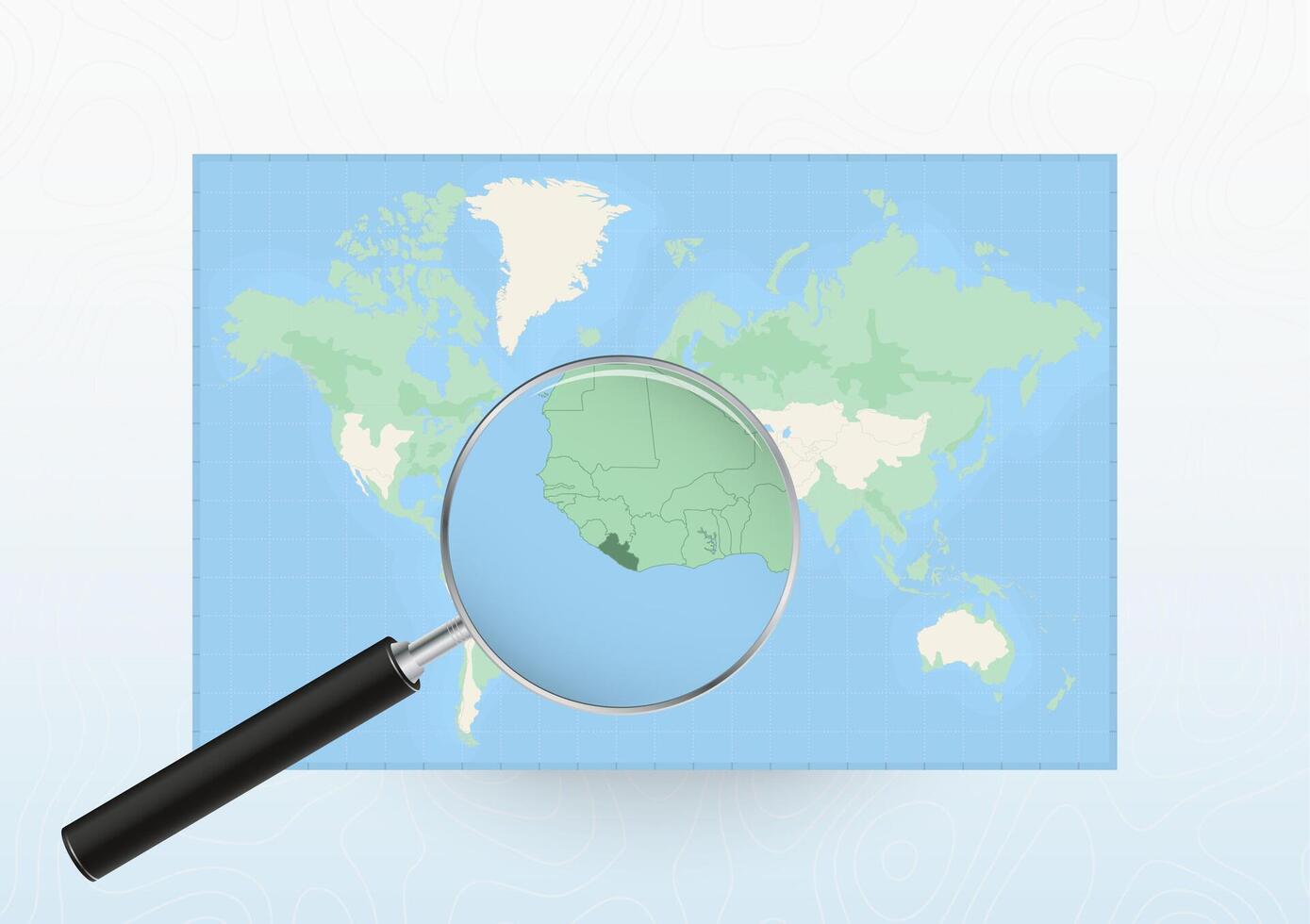Map of the World with a magnifying glass aimed at Liberia, searching Liberia with loupe. vector