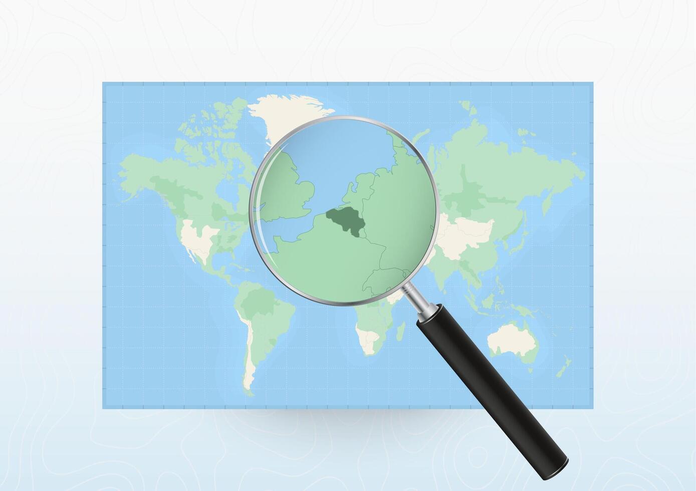 Map of the World with a magnifying glass aimed at Belgium, searching Belgium with loupe. vector