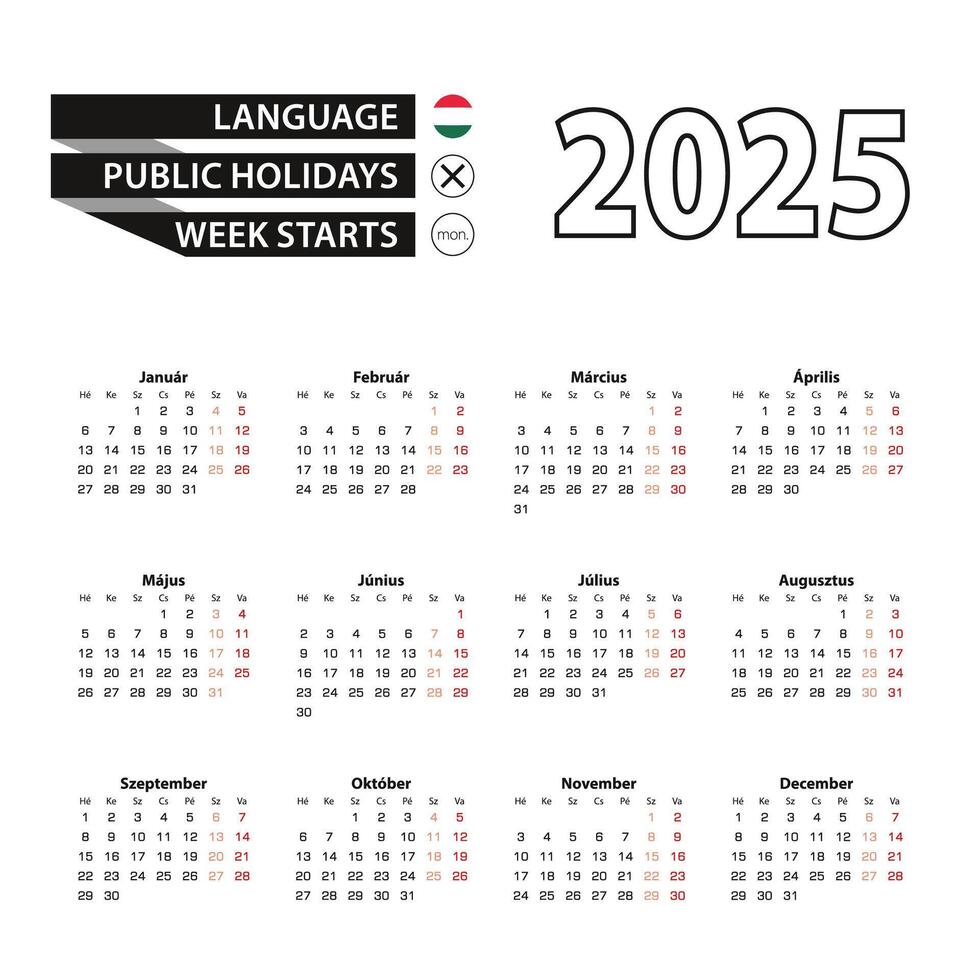 Calendar 2025 in Hungarian language, week starts on Monday. vector