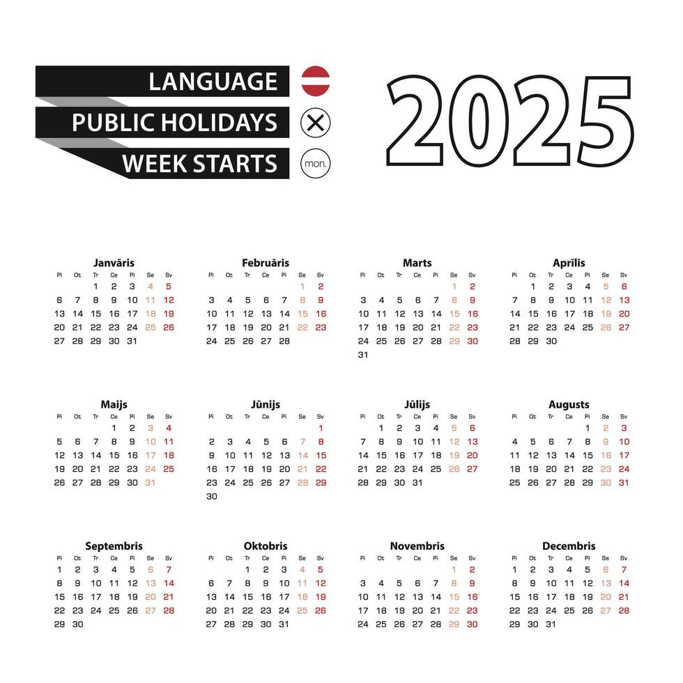 Calendar 2025 in Latvian language, week starts on Monday. vector