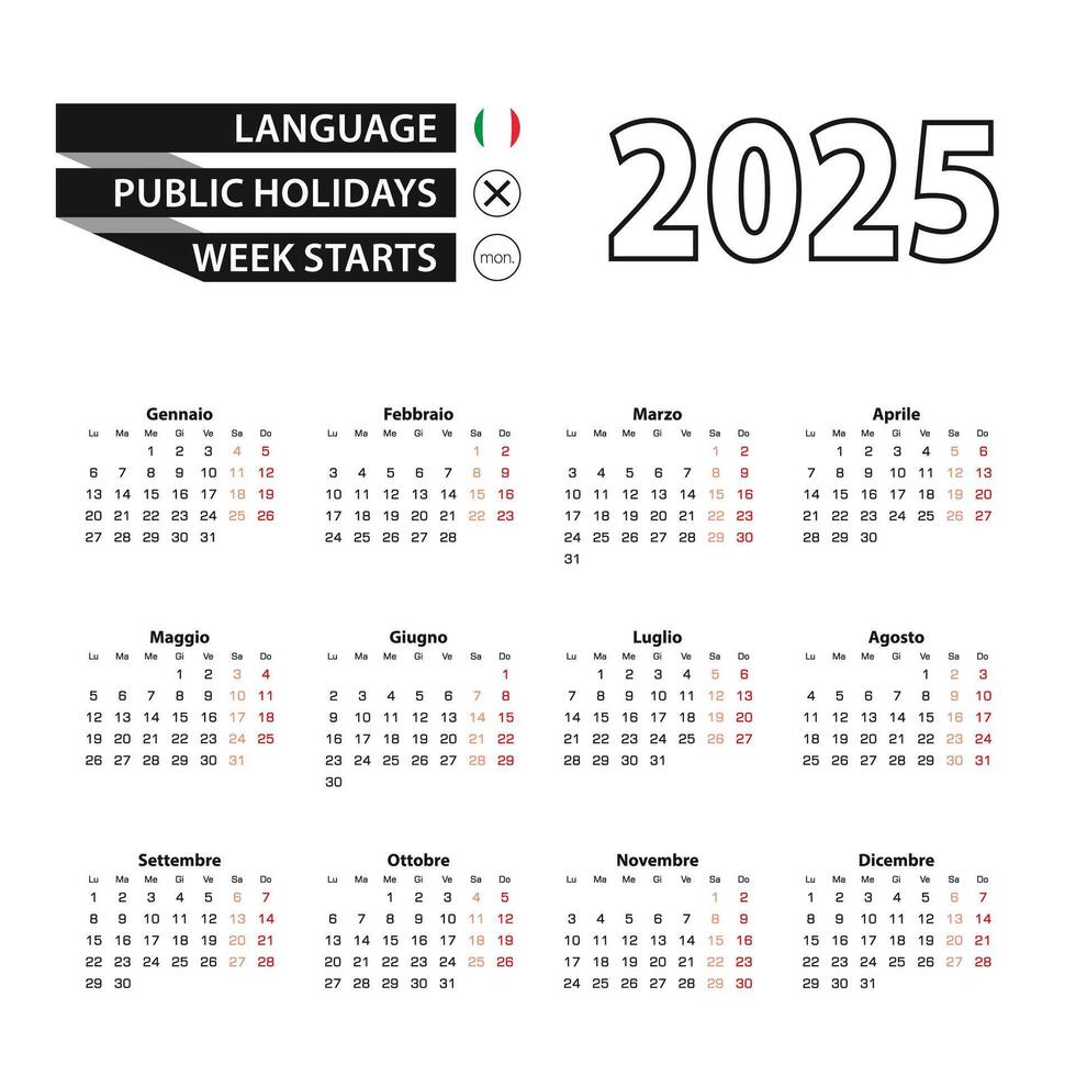 Calendar 2025 in Italian language, week starts on Monday. vector
