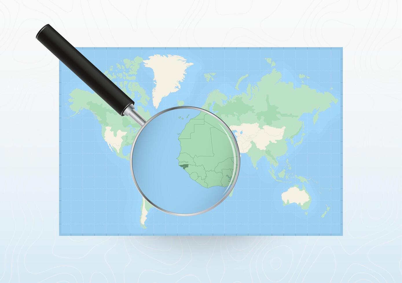 Map of the World with a magnifying glass aimed at Guinea-Bissau, searching Guinea-Bissau with loupe. vector