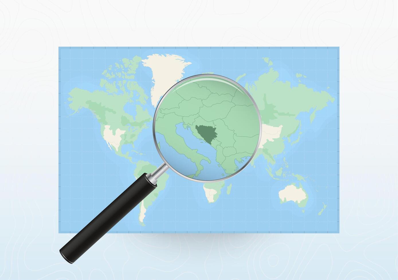 Map of the World with a magnifying glass aimed at Bosnia and Herzegovina, searching Bosnia and Herzegovina with loupe. vector