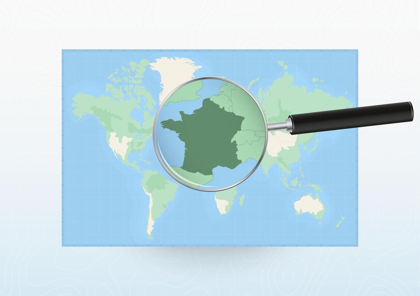 Map of the World with a magnifying glass aimed at France, searching France with loupe. vector