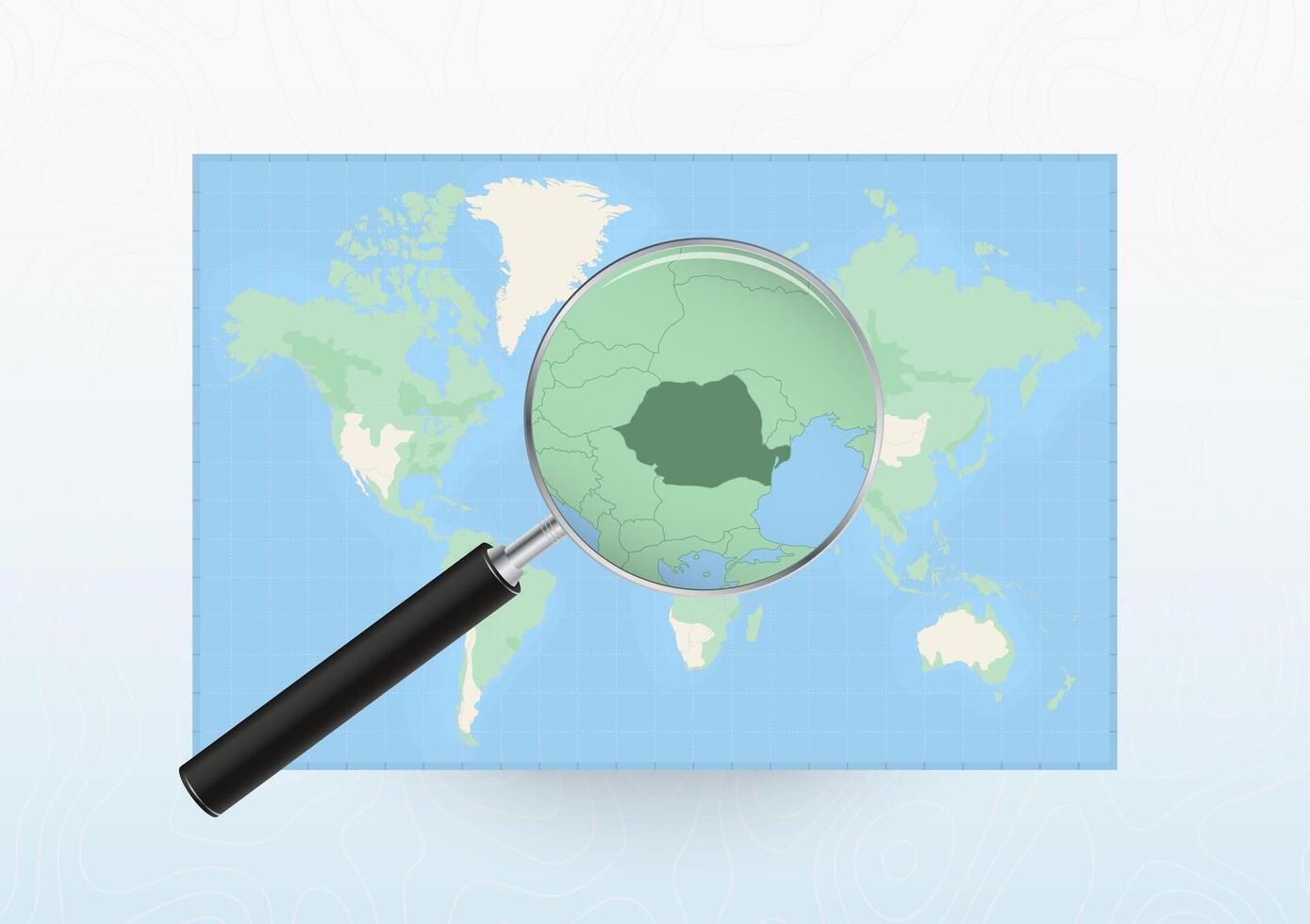 Map of the World with a magnifying glass aimed at Romania, searching Romania with loupe. vector