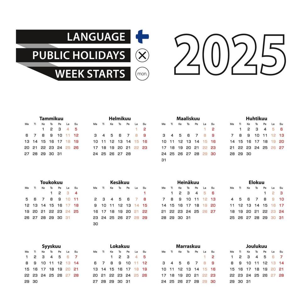 Calendar 2025 in Finnish language, week starts on Monday. vector