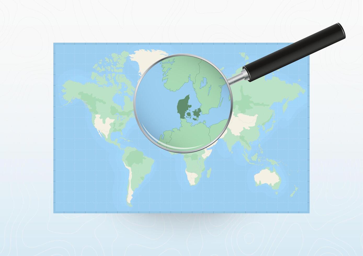 Map of the World with a magnifying glass aimed at Denmark, searching Denmark with loupe. vector
