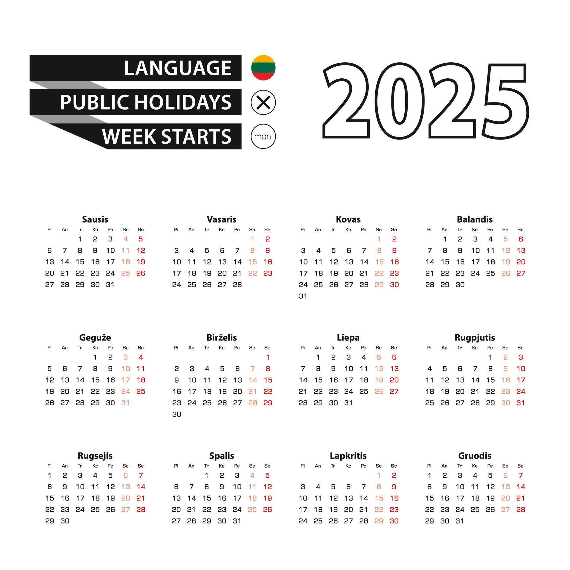 Calendar 2025 in Lithuanian language, week starts on Monday. 52367472