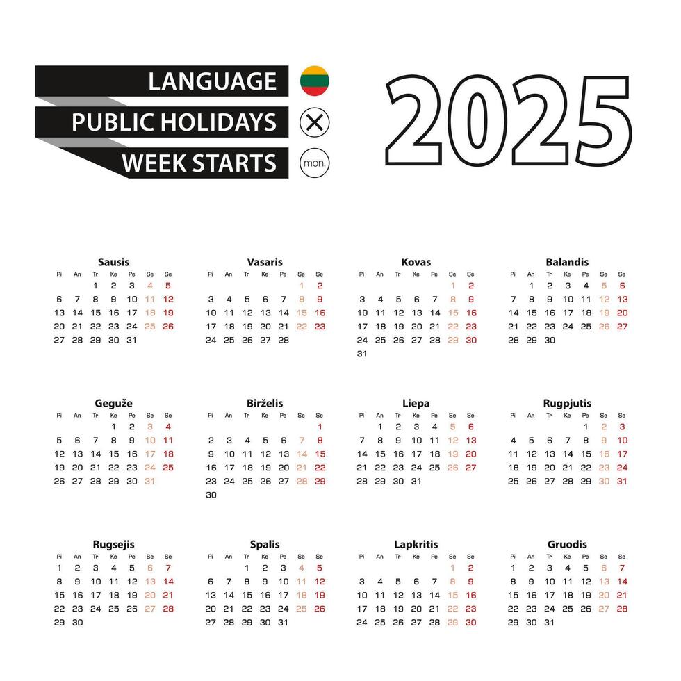 Calendar 2025 in Lithuanian language, week starts on Monday. vector