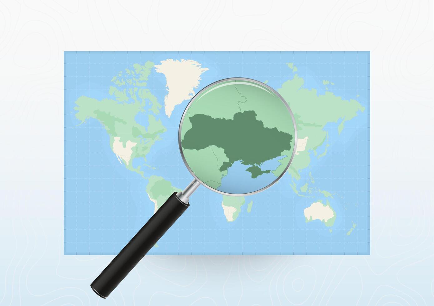 Map of the World with a magnifying glass aimed at Ukraine, searching Ukraine with loupe. vector