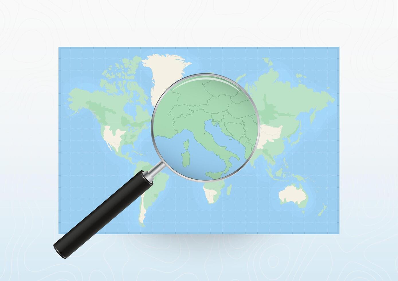 Map of the World with a magnifying glass aimed at San Marino, searching San Marino with loupe. vector