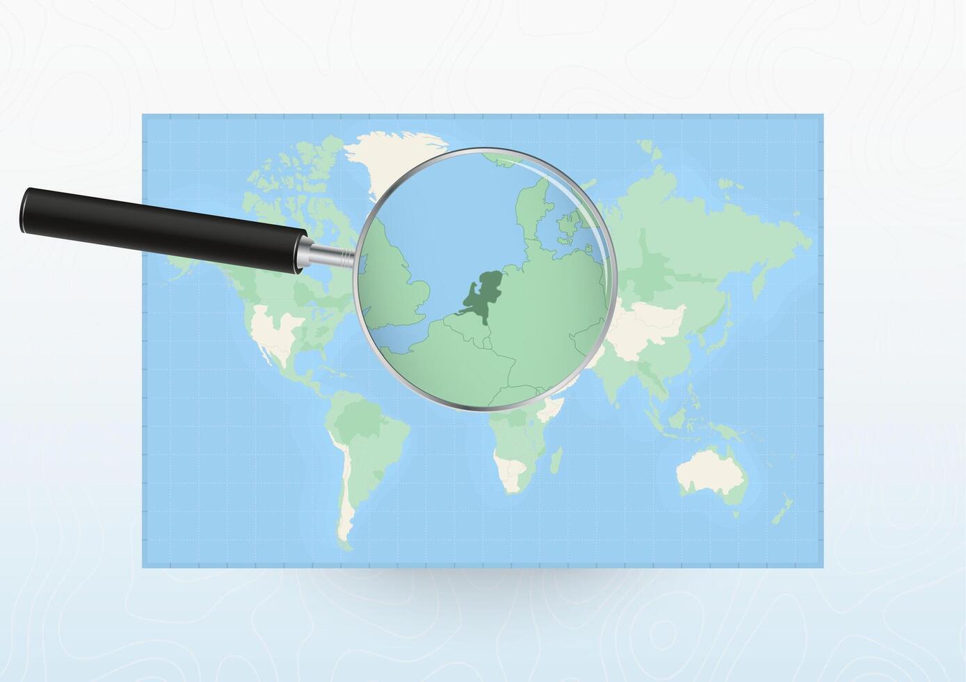 Map of the World with a magnifying glass aimed at Netherlands, searching Netherlands with loupe. vector