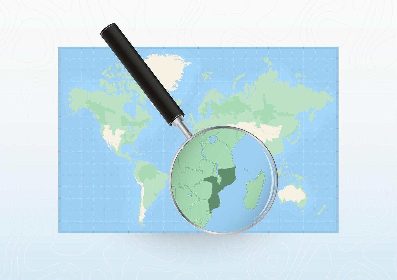 Map of the World with a magnifying glass aimed at Mozambique, searching Mozambique with loupe. vector