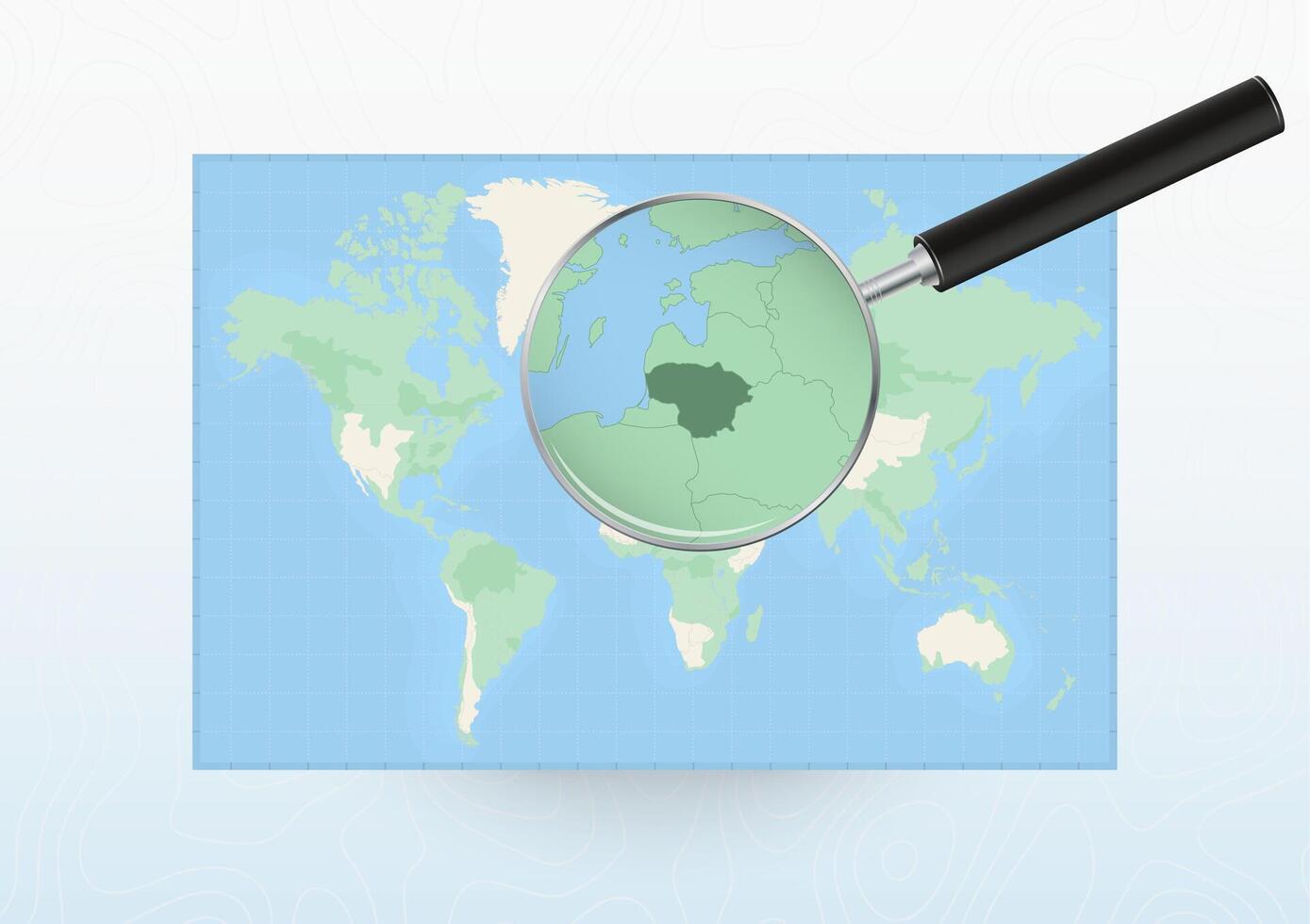 Map of the World with a magnifying glass aimed at Lithuania, searching Lithuania with loupe. vector
