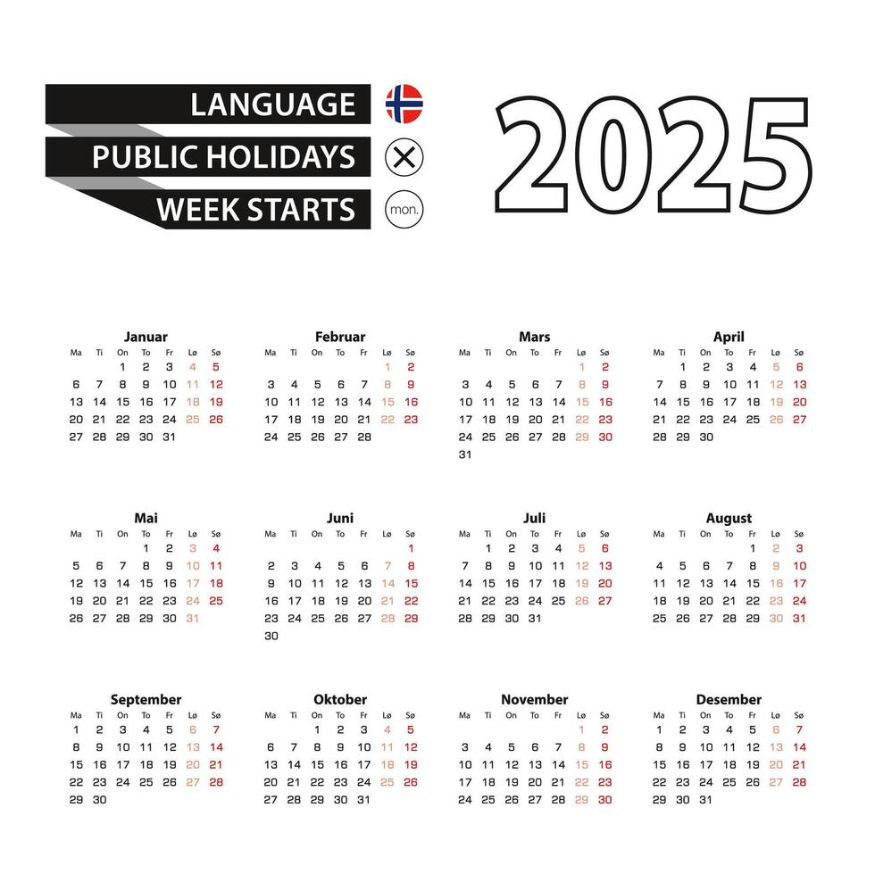 Calendar 2025 in Norwegian language, week starts on Monday. vector