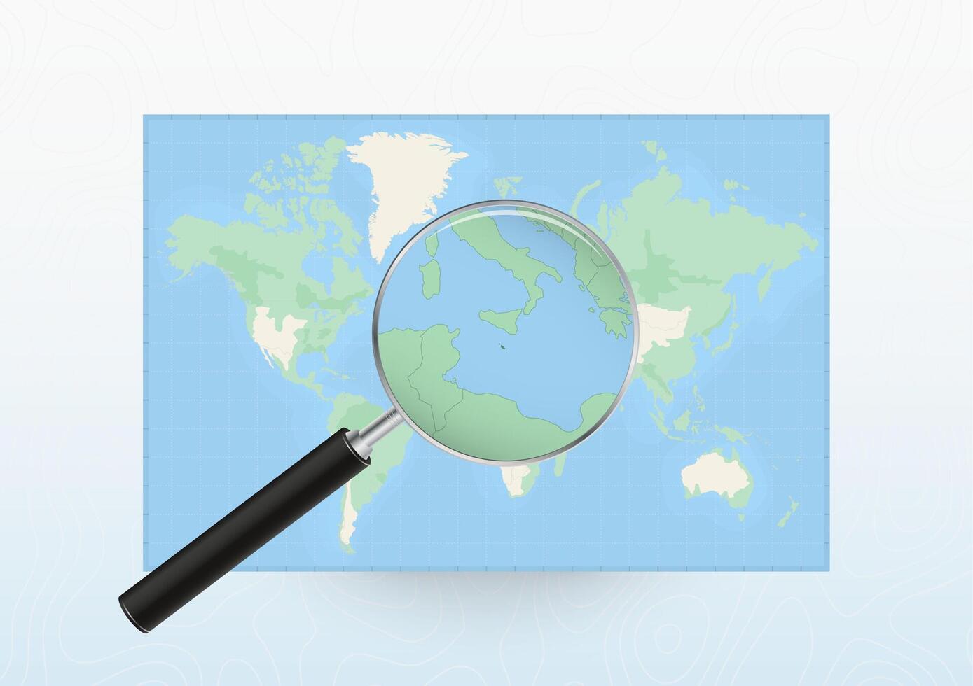 Map of the World with a magnifying glass aimed at Malta, searching Malta with loupe. vector