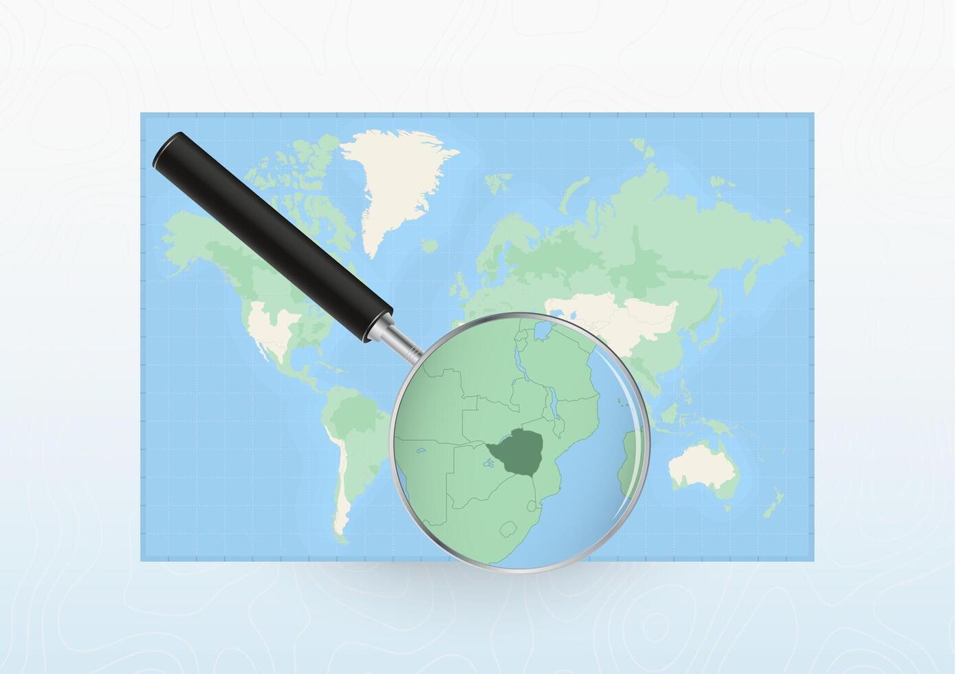 Map of the World with a magnifying glass aimed at Zimbabwe, searching Zimbabwe with loupe. vector
