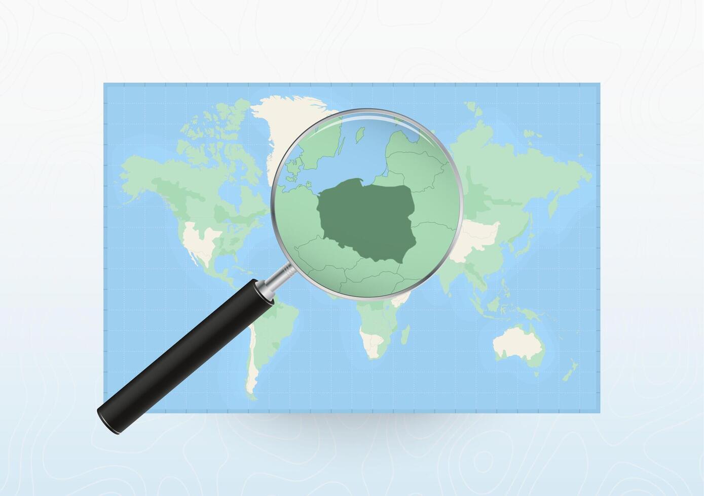 Map of the World with a magnifying glass aimed at Poland, searching Poland with loupe. vector