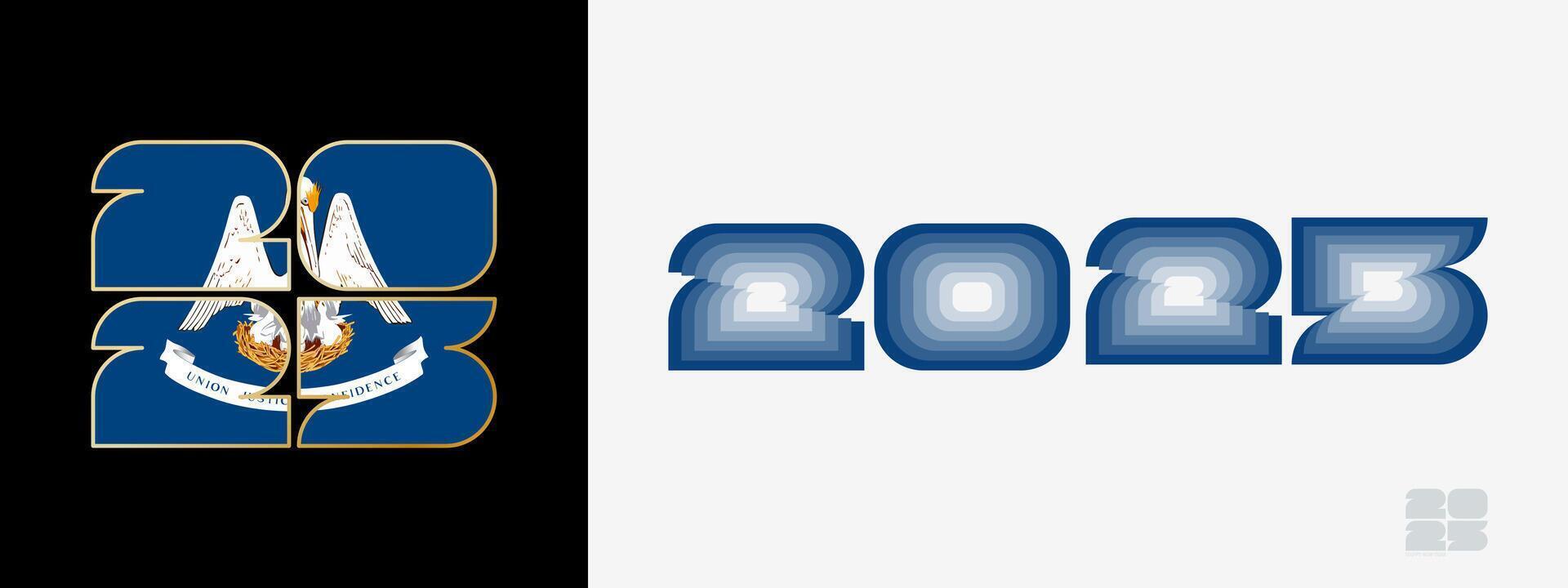 Year 2025 with flag of Louisiana and in color palate of Louisiana flag. Happy New Year 2025 in two different style. vector