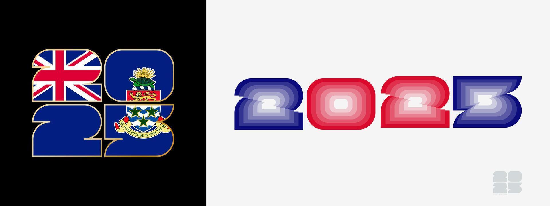 Year 2025 with flag of Cayman Islands and in color palate of Cayman Islands flag. Happy New Year 2025 in two different style. vector