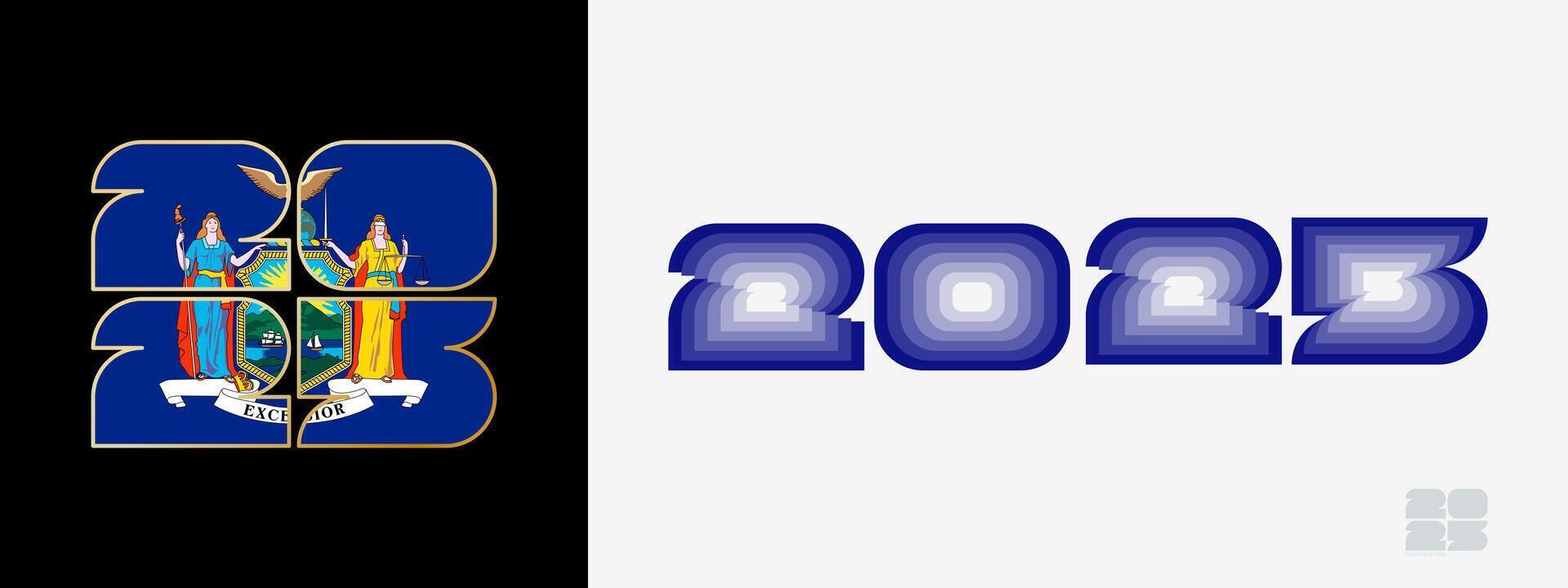 Year 2025 with flag of New York and in color palate of New York flag. Happy New Year 2025 in two different style. vector