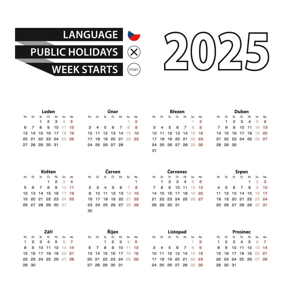 Calendar 2025 in Czech language, week starts on Monday. vector