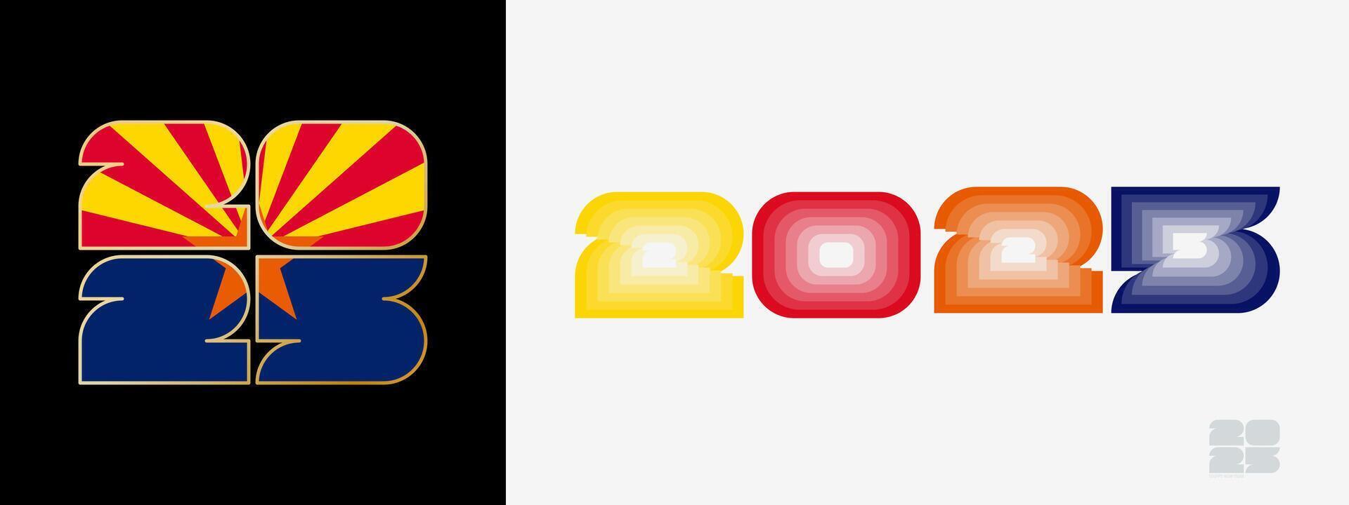 Year 2025 with flag of Arizona and in color palate of Arizona flag. Happy New Year 2025 in two different style. vector