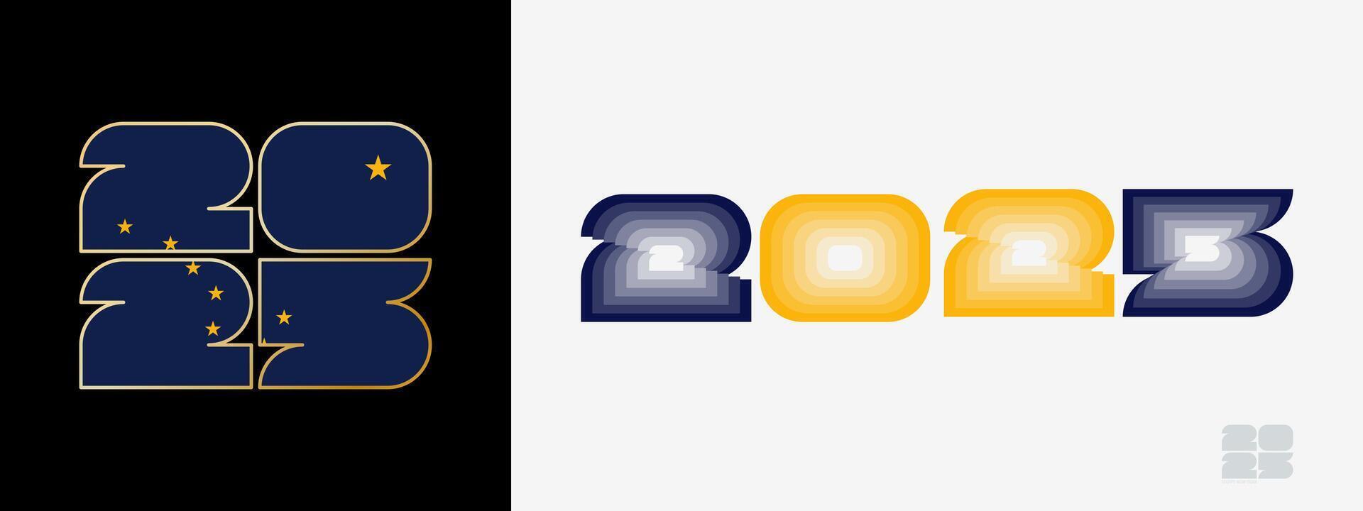 Year 2025 with flag of Alaska and in color palate of Alaska flag. Happy New Year 2025 in two different style. vector