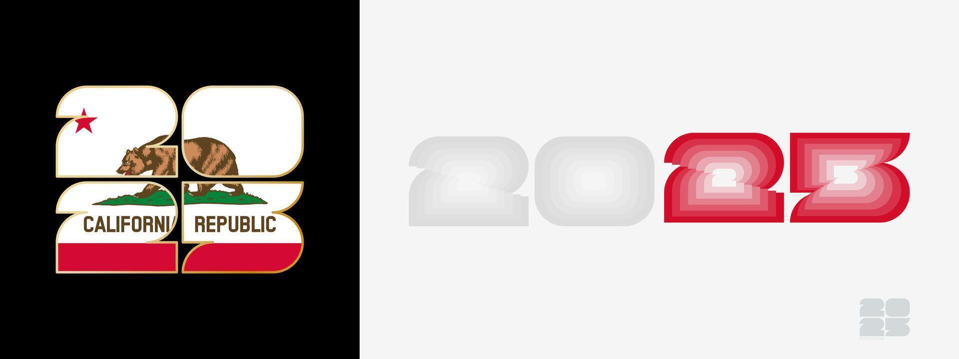 Year 2025 with flag of California and in color palate of California flag. Happy New Year 2025 in two different style. vector