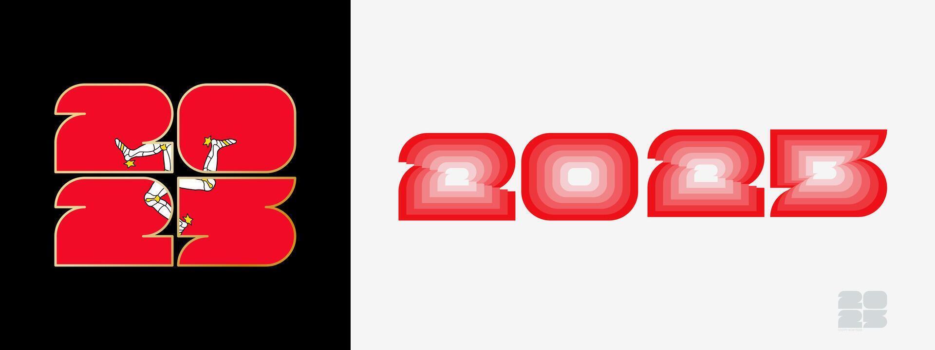 Year 2025 with flag of Isle of Man and in color palate of Isle of Man flag. Happy New Year 2025 in two different style. vector