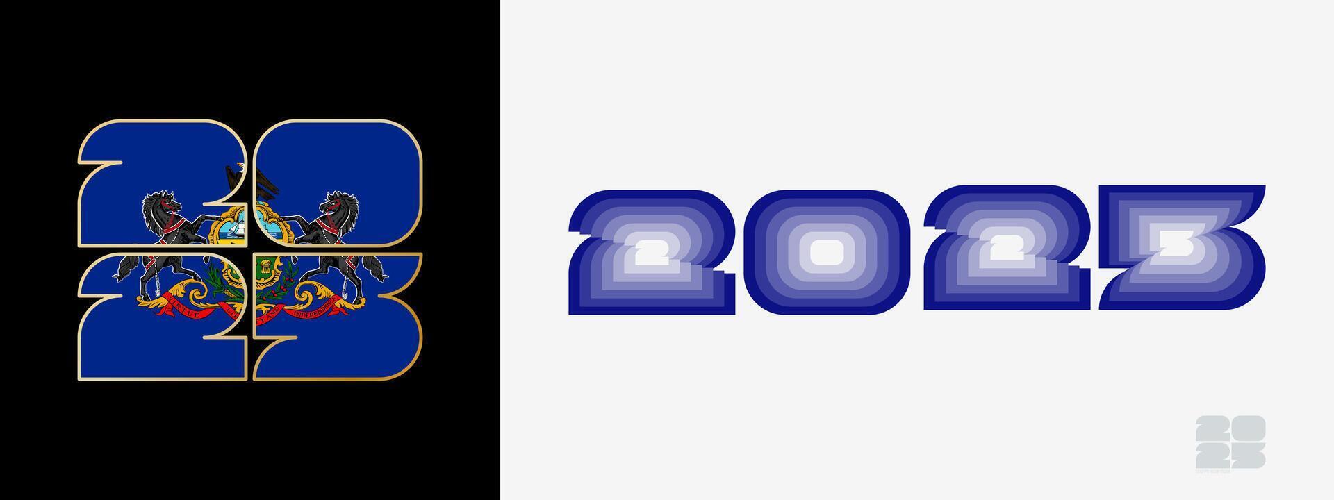 Year 2025 with flag of Pennsylvania and in color palate of Pennsylvania flag. Happy New Year 2025 in two different style. vector