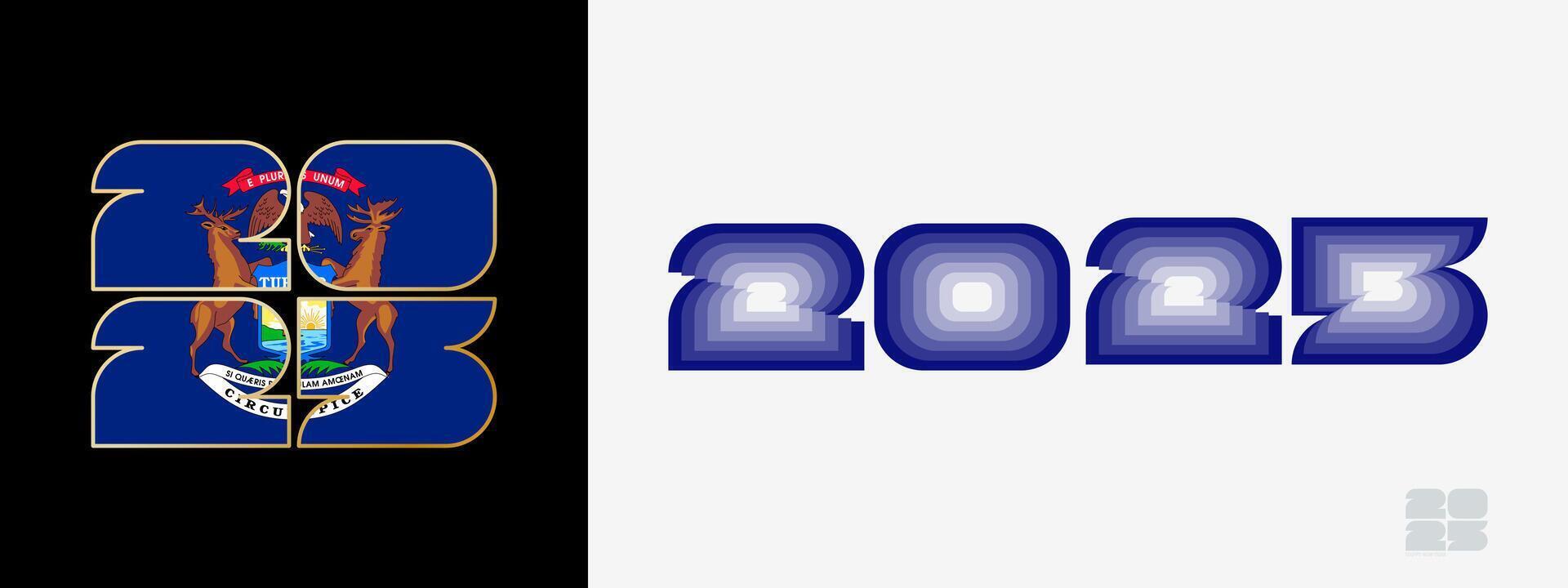 Year 2025 with flag of Michigan and in color palate of Michigan flag. Happy New Year 2025 in two different style. vector