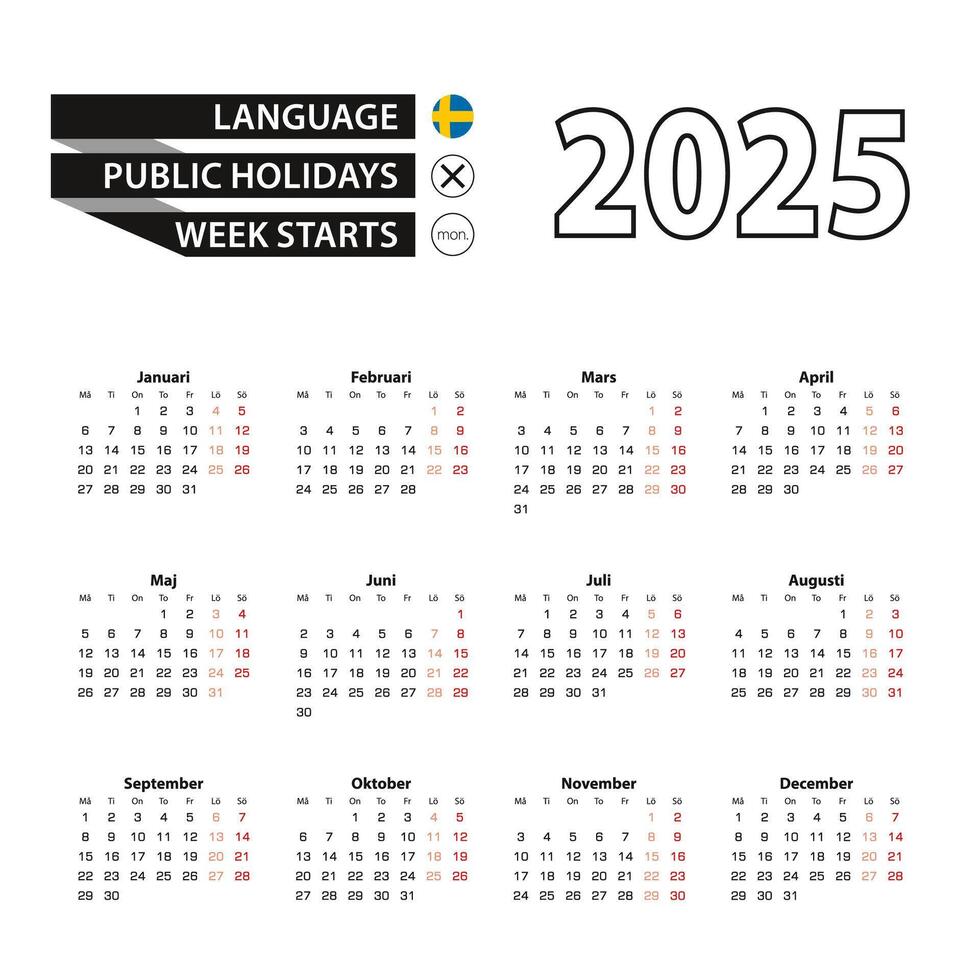Calendar 2025 in Swedish language, week starts on Monday. vector