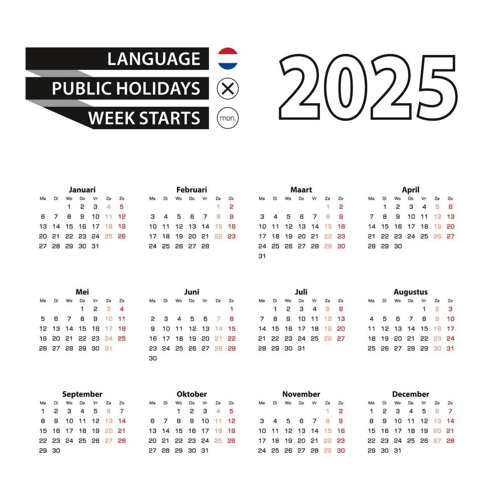 Calendar 2025 in Dutch language, week starts on Monday. vector