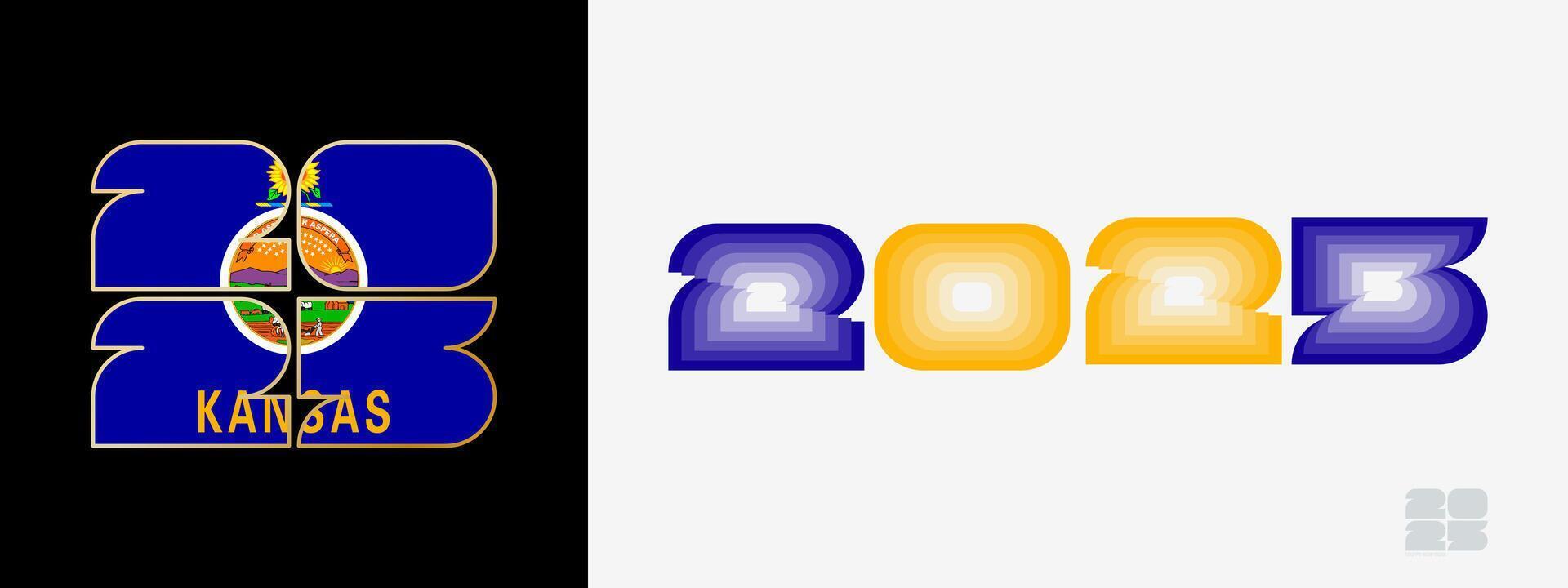 Year 2025 with flag of Kansas and in color palate of Kansas flag. Happy New Year 2025 in two different style. vector